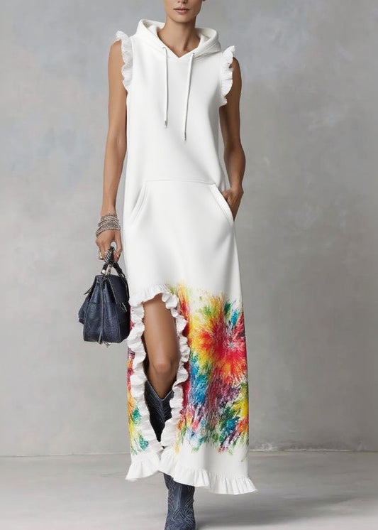 Elegant White Ruffled Print Drawstring Vacation Hooded Dresses Summer