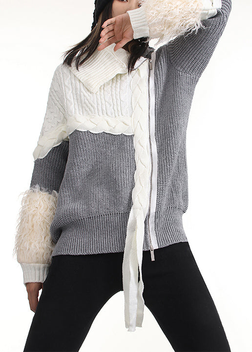 Beautiful Grey Zip Up Patchwork Knit Pullover