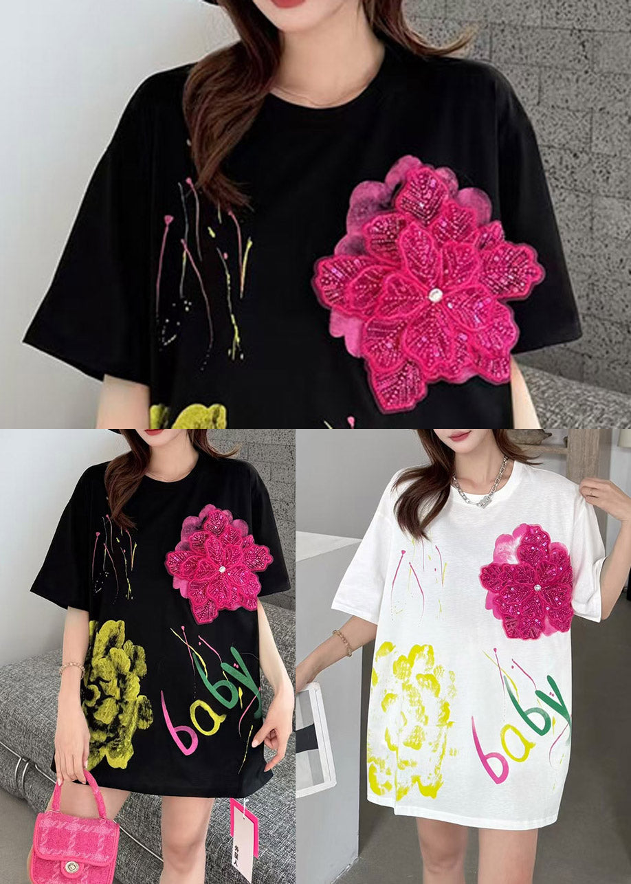 DIY White Oversized Floral Decorated Cotton Tank Tops Summer