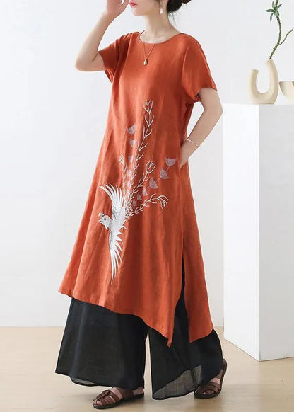 Fashion Orange phoenix Embroideried Linen side open Summer Long Dress