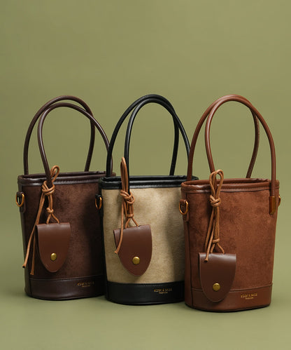 Unique Brown Large Capacity Patchwork Faux Leather Bucket Bag