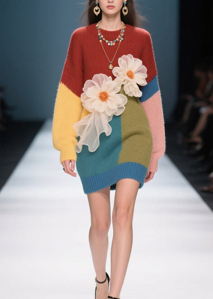 French Colorblock O Neck Floral Knit Sweater Dress Fall