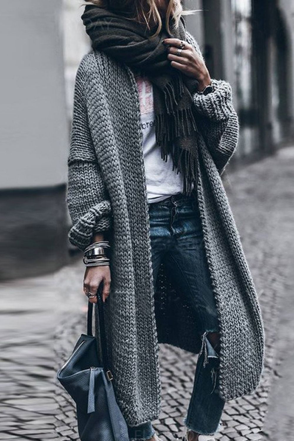 Grey Lapel Knit Cardigan