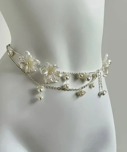 French White Alloy Chain Pearl Floral Body Chain