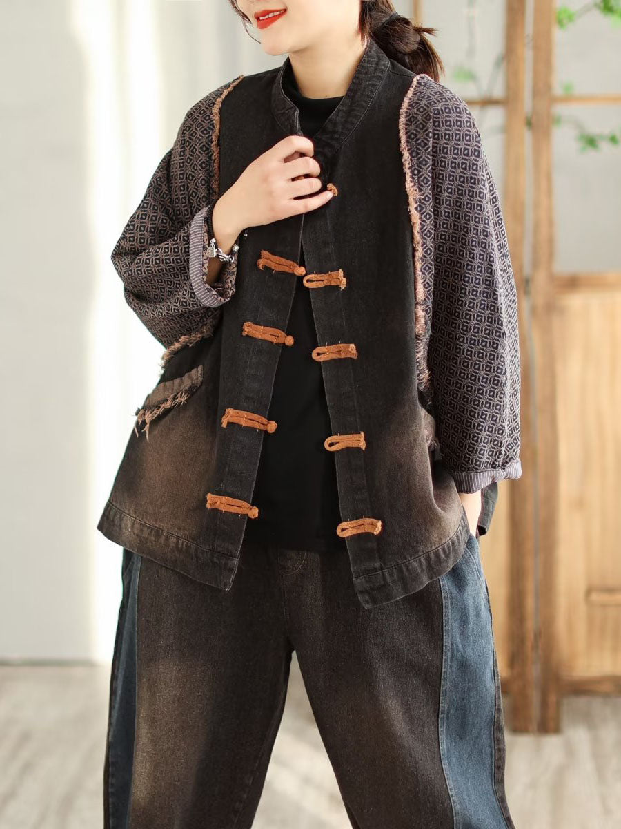 Women Spring Casual Patchwork Frog Burrs Denim Coat