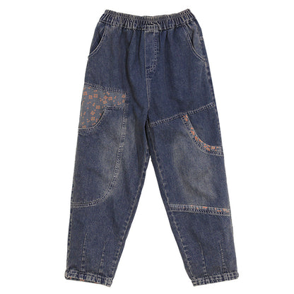 Women Autumn Loose Retro Patchwork Cotton Jeans