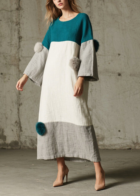 Vintage Colorblock Oversized Patchwork Fuzzy Ball Decorated Maxi Dress Fall