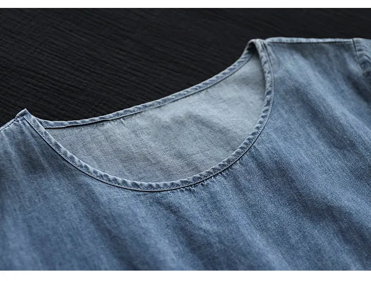 Literary Tencel Denim Mid Length Short Sleeve Dress