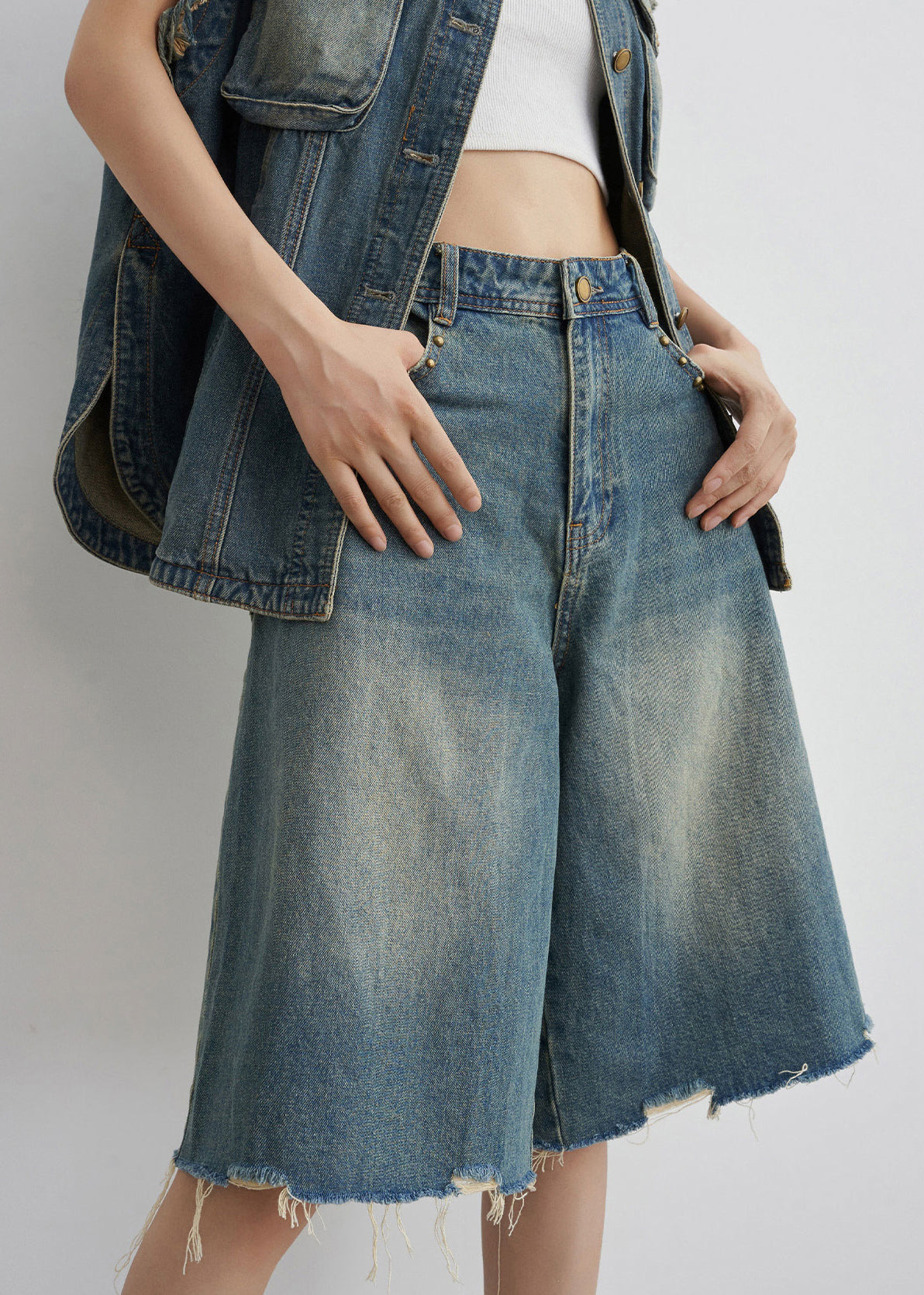 Vintage Blue Nail Bead Button Denim Two-Piece Set Summer