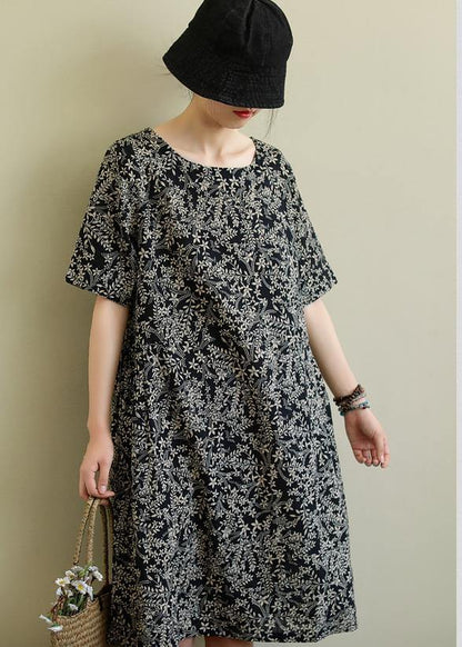 DIY o neck pockets linen summer dress pattern black print Dresses