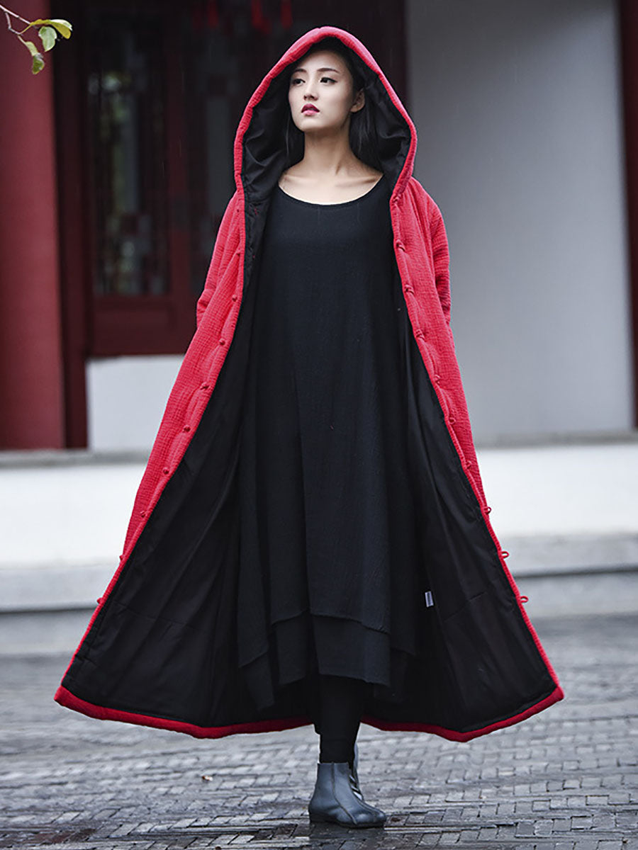 Women Winter Vintage Solid Frog Pocket Hooded Long Coat