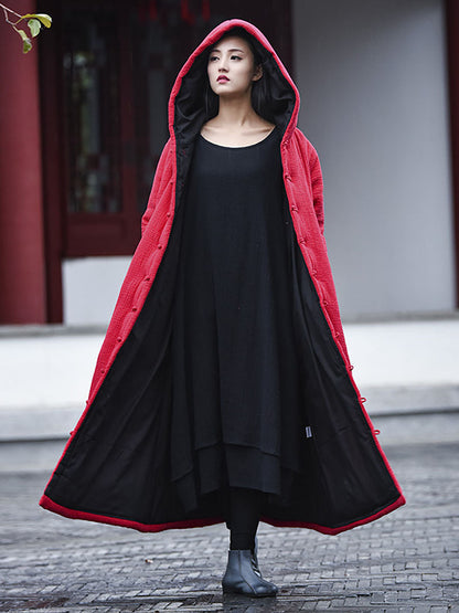 Women Winter Vintage Solid Frog Pocket Hooded Long Coat