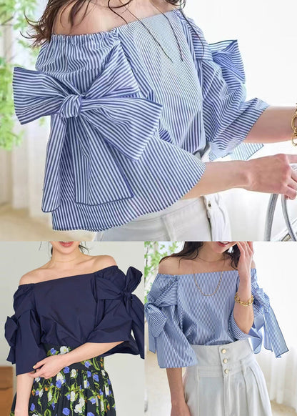 Women Navy Cold Shoulder Cotton Shirt Top Summer