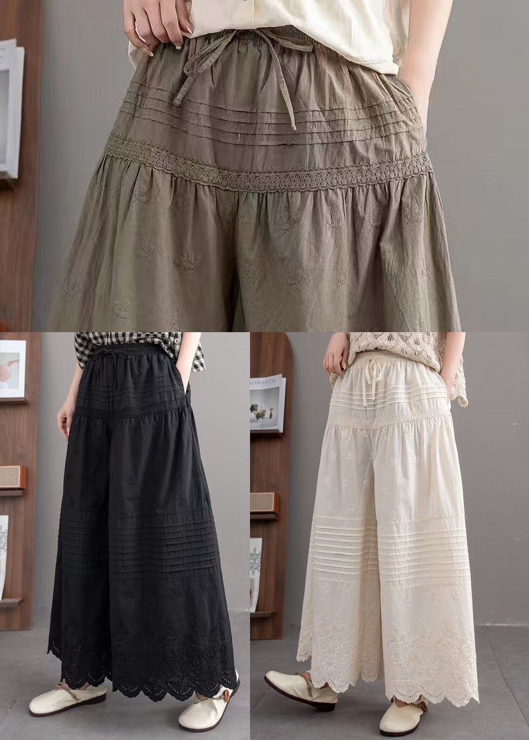 Women Beige Embroidered Wrinkled Cotton Pants Summer