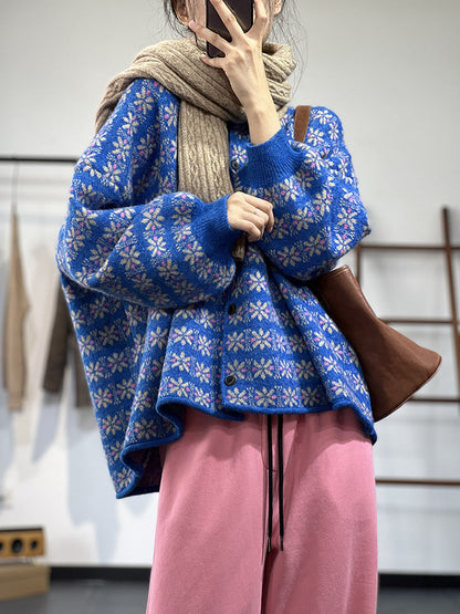 Knit Lazy Single-Breasted Jacquard Thermal Cardigan Sweater
