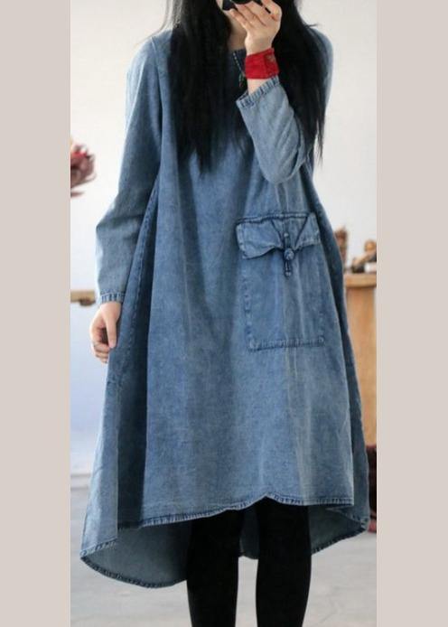 Plus Size Denim Blue U Neck Dress Large Hem  Mid Dress