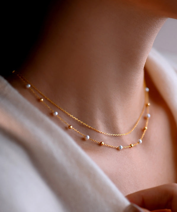 Stylish Pearl Double Layered Adjustable 14K Gold Necklace