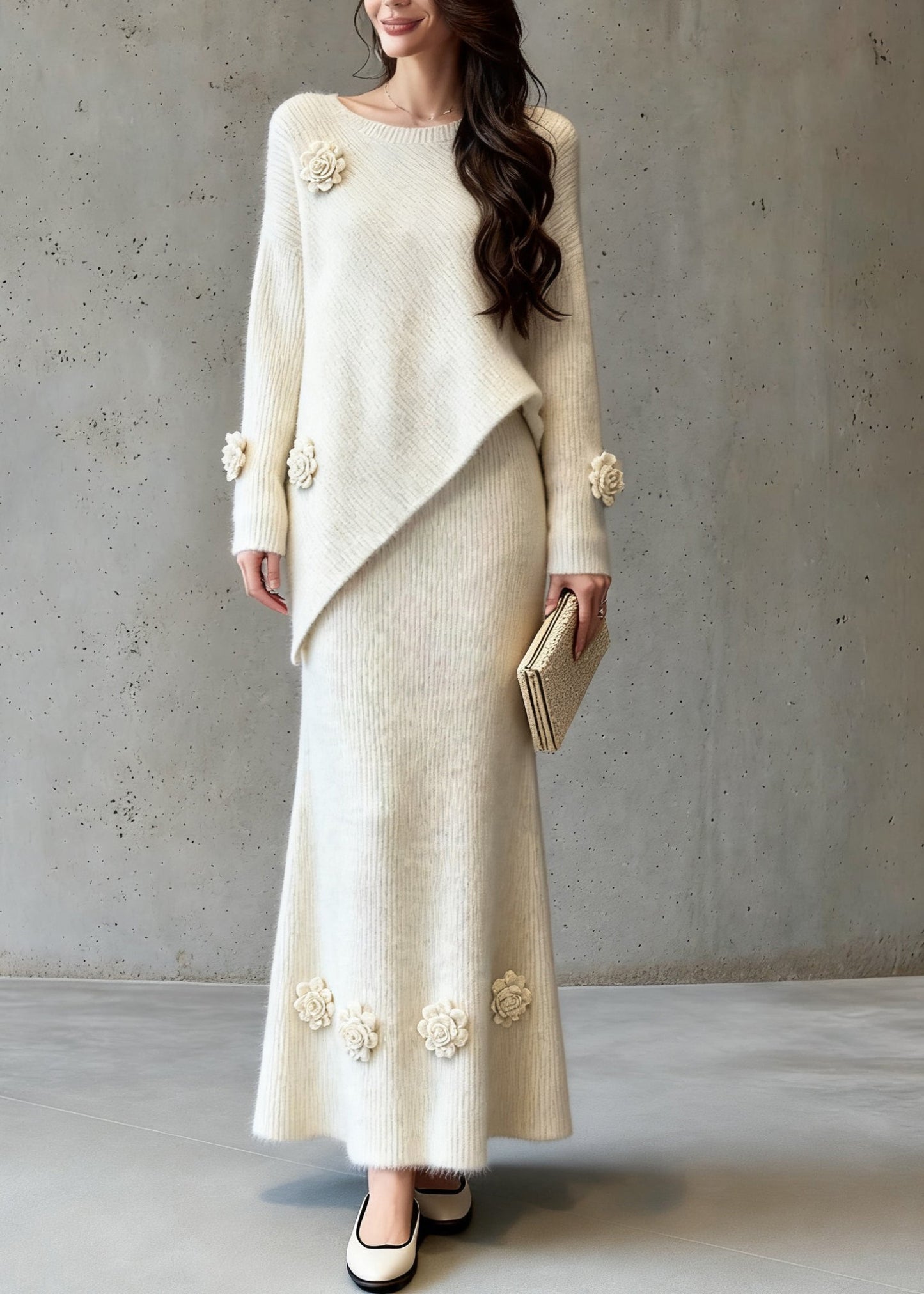 Natural Asymmetrical Floral Cotton Knit Sweaters And A Line Skirts Two-Piece Set Spring