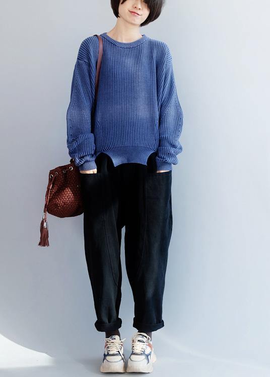 Oversized blue knit blouse open hem Loose fitting knit tops