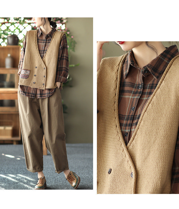 Vintage Knit Loose Double-Breasted Patch Vest