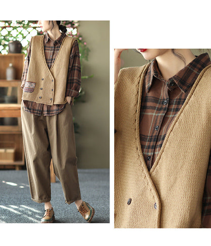 Vintage Knit Loose Double-Breasted Patch Vest