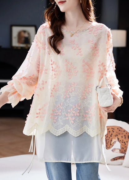 Fitted Pink O Neck Embroidered Patchwork Chiffon Tops Spring