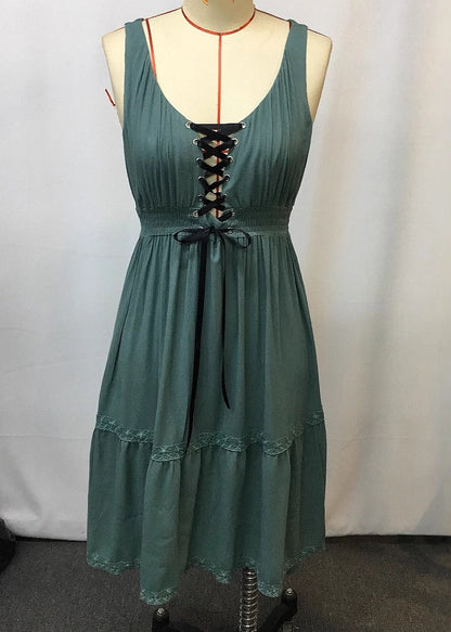 Bohemian Green Ruffled Patchwork Long Spaghetti Strap Dress Sleeveless