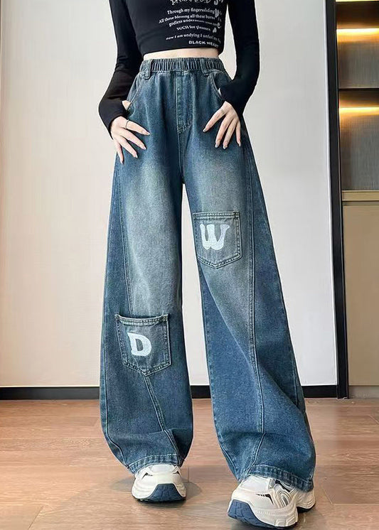 Plus Size Blue Letter Pockets Elastic Waist Denim Pants Fall