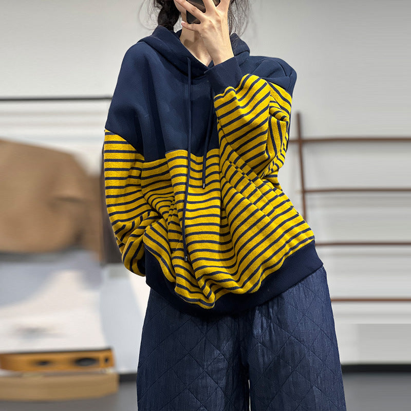 Contrast Stripe Fleece Drawstring Hooded Sweatshirt