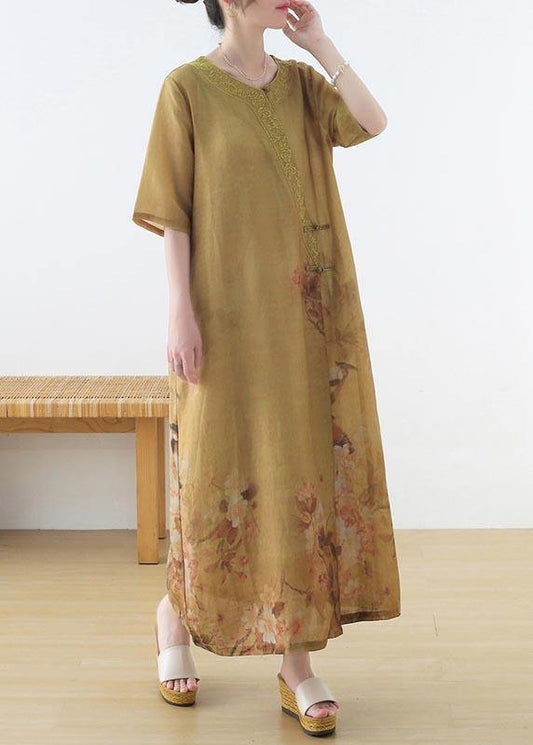 Fashion Yellow Print Oriental Party Dress Summer Linen Dress