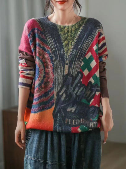 Women Print O-Neck Vintage Long Sleeve Sweater