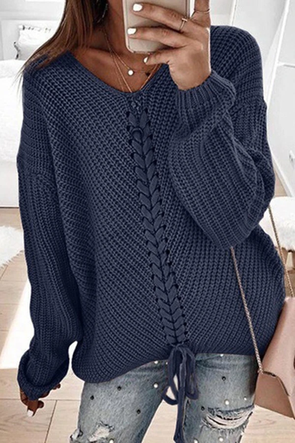Solid Color Drawstring Knitted Sweater