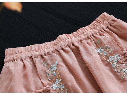 Vintage Double Cotton Linen Embroidered Buckle A-Line Skirt