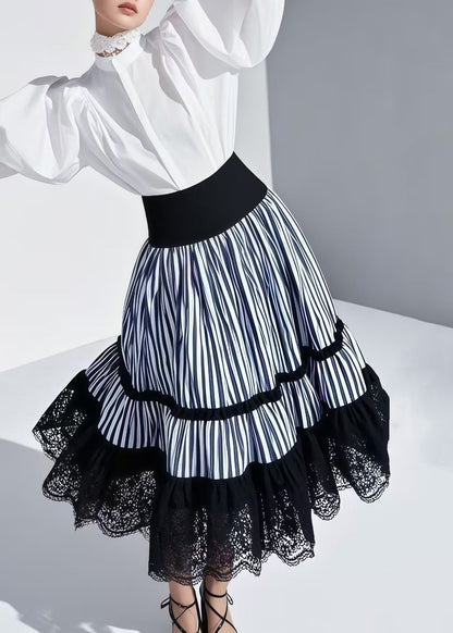 Plus Size Blue Striped Patchwork Lace Skirt Summer