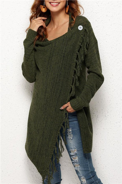 Tassel Asymmetrical Hem Shawl Speckled Fringe Cardigan - Green