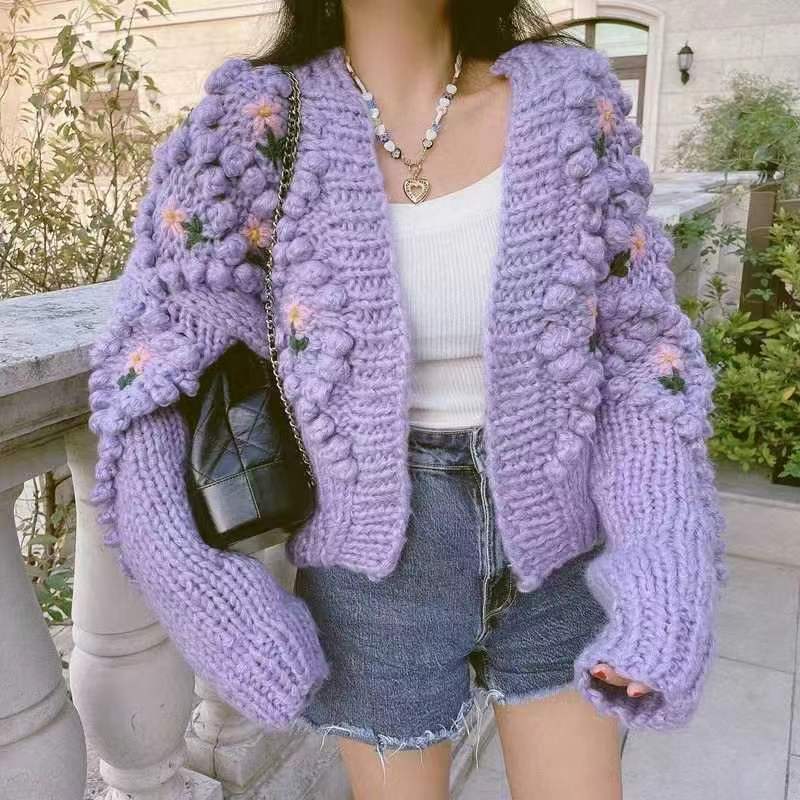 Floral Pearl Button Cardigan-Purple