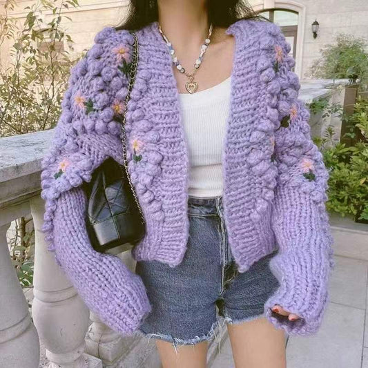Floral Pearl Button Cardigan-Purple