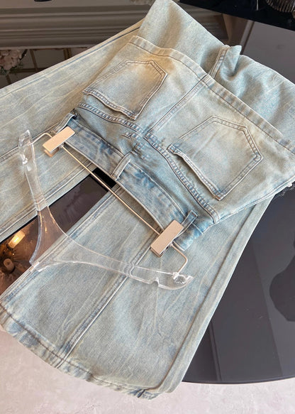 Chic Blue Pockets False Two Pieces Patchwork Denim Pants Fall