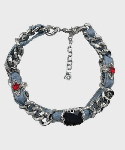 Women Denim Blue Metal Denim Crystal Chain Collar Necklace