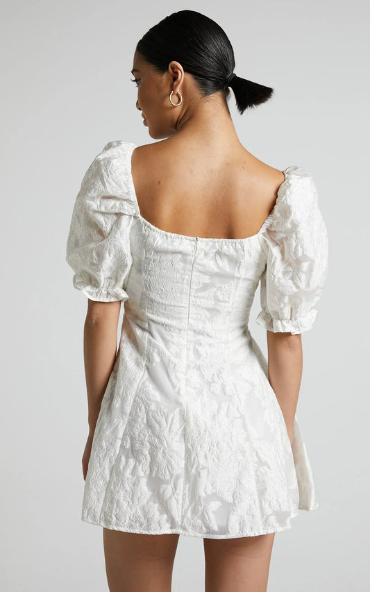 Brailey Mini Dress - Puff Sleeve Fit And Flare Dress In White