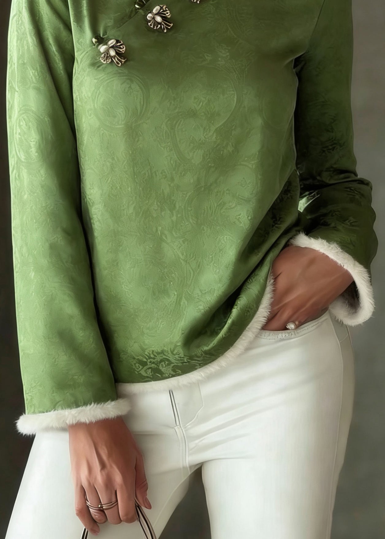 Chinese Style Green Stand Collar Patchwork Button Thick Silk Cotton Top Spring