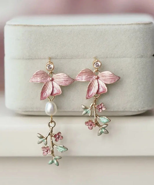 Modern Pink Copper Overgild Pearl Floral Drop Earrings