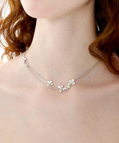 Women Silver Floral Double Layer Chain Copper Choker