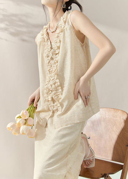 Loose Apricot Floral Vest And Maxi Skirts Two-Piece Set Sleeveless