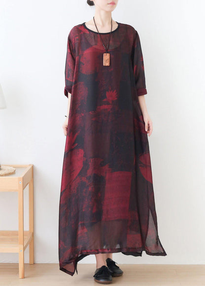 Natural Red Print Chiffon O-Neck Summer Dresses
