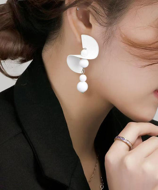 Elegant White Stelring Silver Beading Tassel Drop Earrings