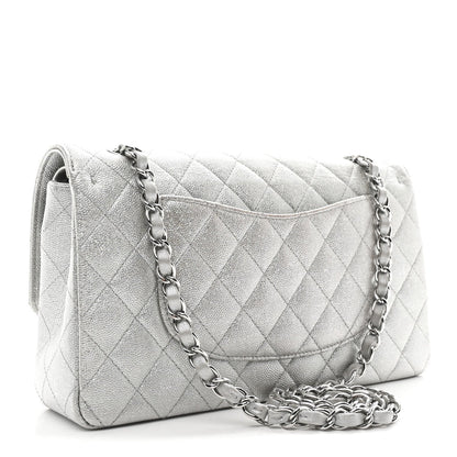 Glittered Metallic Caviar Quilted Medium Double Flap Silver