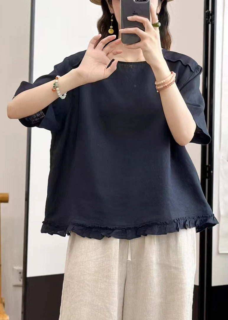 Navy Button Solid Linen Blouse Tops O Neck Summer