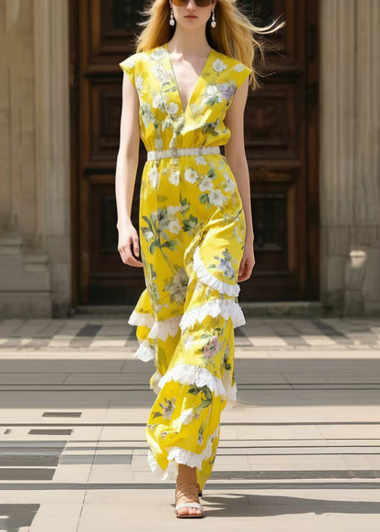 Bohemian Yellow Print Patchwork Ruffled Chiffon Tunic Dress Sleeveless