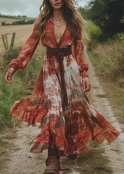 Fashion Tie Dye Wrinkled Patchwork Chiffon Dresses Spring